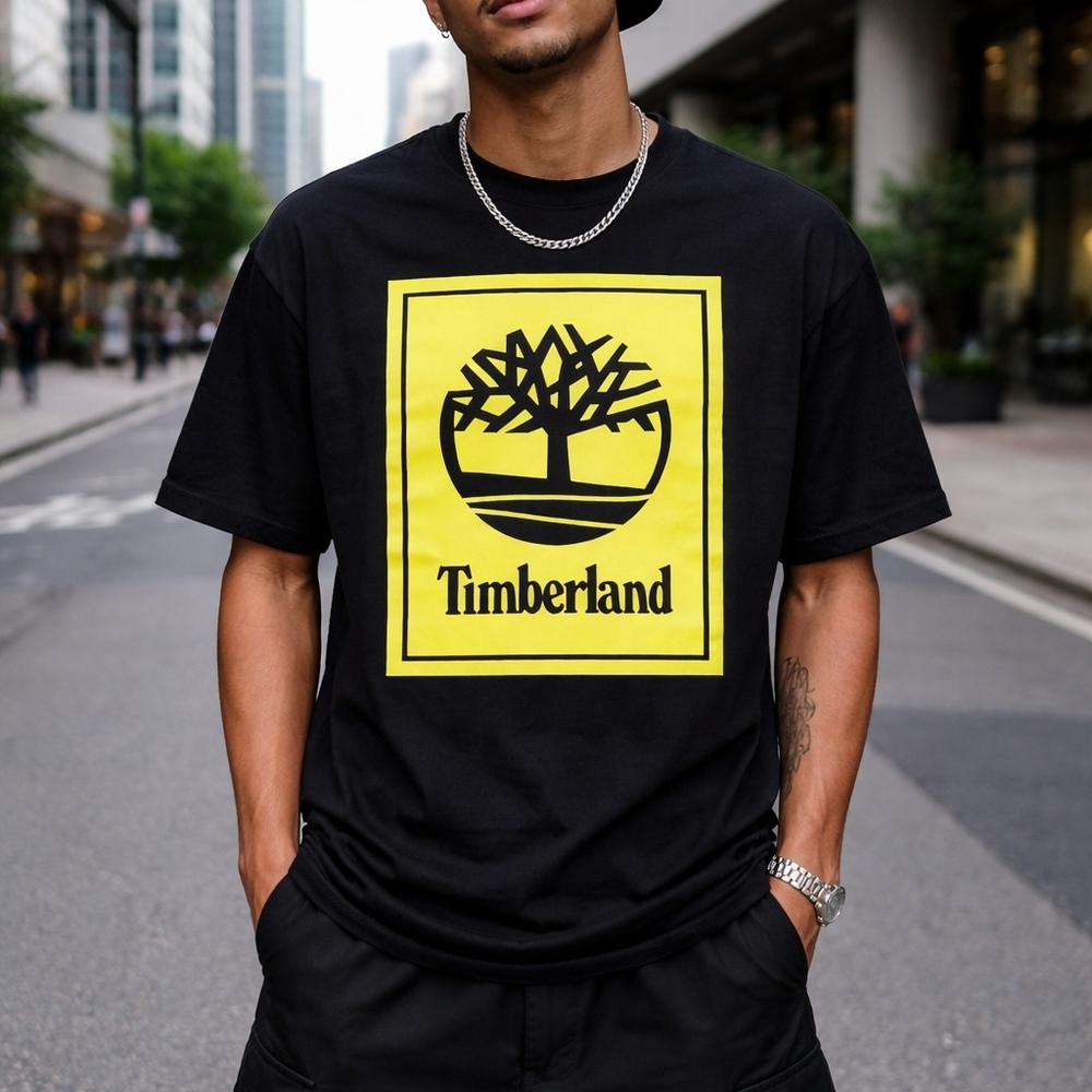 Timberland Black Tee with Neon Yellow Logo Block